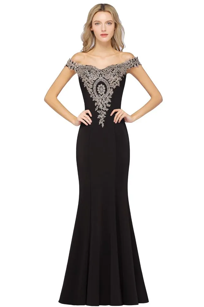 Simple Off-the-shoulder Burgundy Formal Dress with Lace Appliques