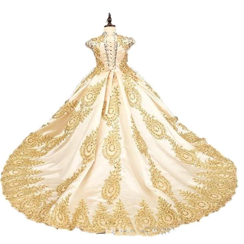 Gold Ball Gown Princess Flower Girl Dresses With Beads Little Girls Pageant Dresses