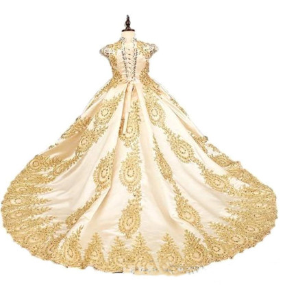 Gold Ball Gown Princess Flower Girl Dresses With Beads Little Girls Pageant Dresses