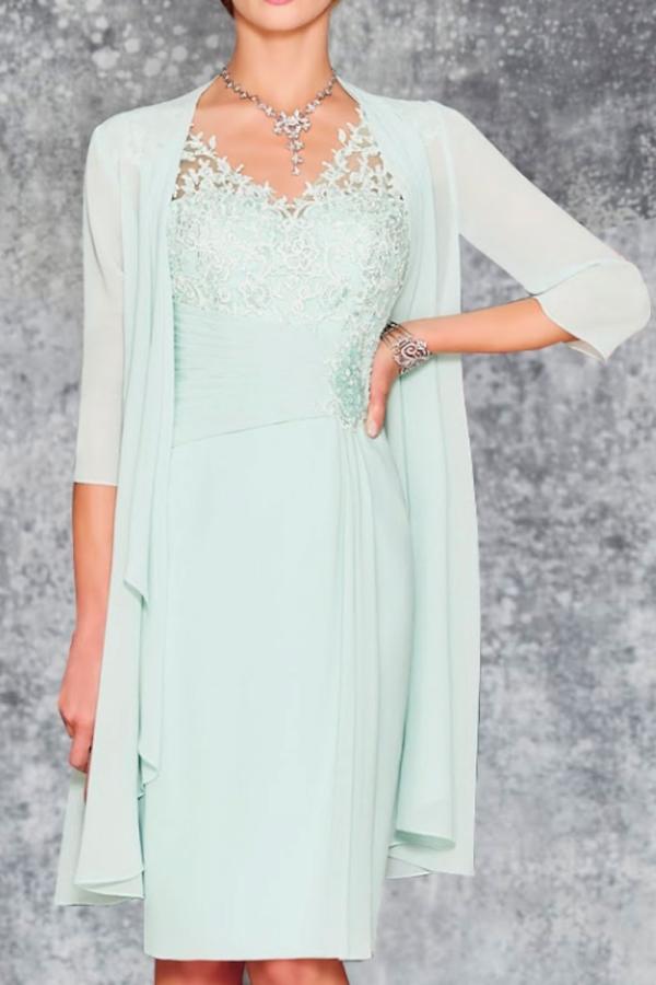 Long sleeves Chiffon V-neck Knee length Modest Mother of the bride dress