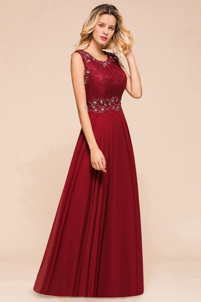 Arla | Trendy Round neck Beaded Burgundy Lace Bridesmaid Dress with Belt