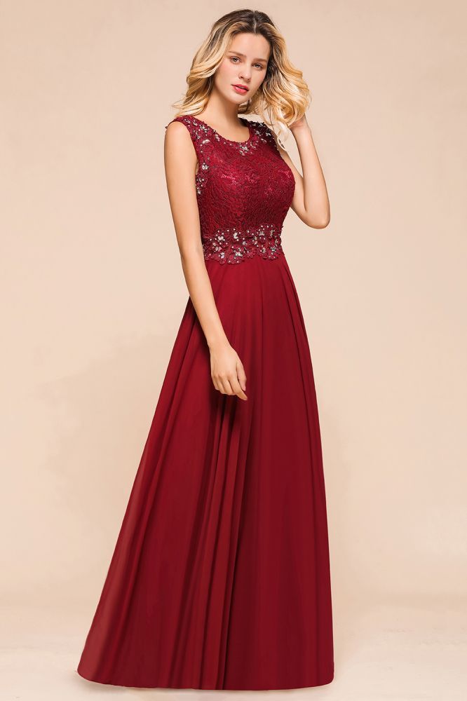 Arla | Trendy Round neck Beaded Burgundy Lace Bridesmaid Dress with Belt