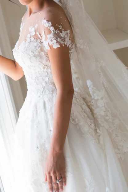 Cap sleeves Lace A-line White Wedding Dresses