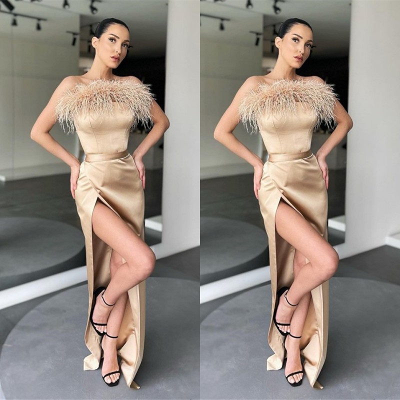 Champange High neck Ankle length Long Prom Dresses with Feathers