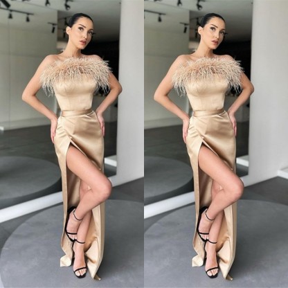 Champange High neck Ankle length Long Prom Dresses with Feathers