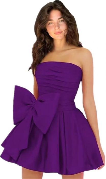 Chic Ruched Satin Short Homecoming Dresses Strapless Knee Length Party Dress with Bow