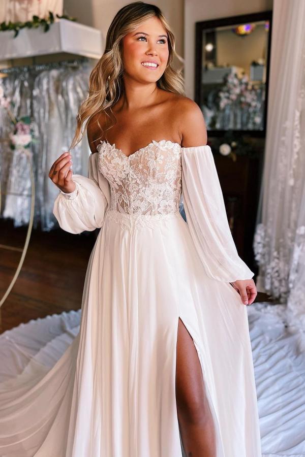 Sweetheart mermaid white chiffon wedding dress with long sleeves