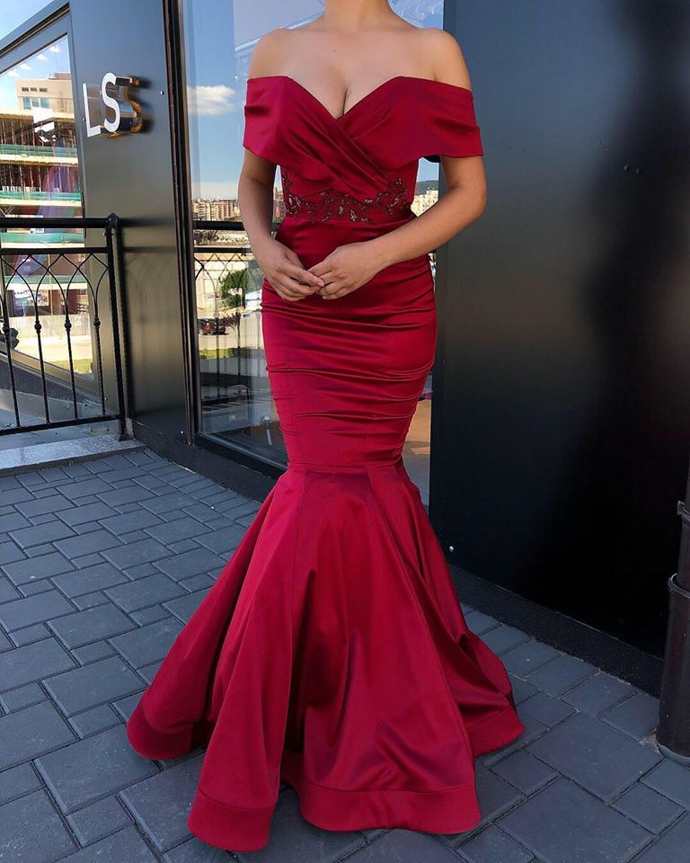 Gorgeous Off-the-shoulder Burgundy Jewel Mermaid Prom Dress