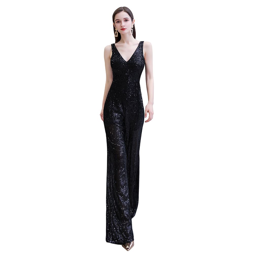 Sexy Shining V-neck Silver Sequin Sleeveless Prom Jumpsuit