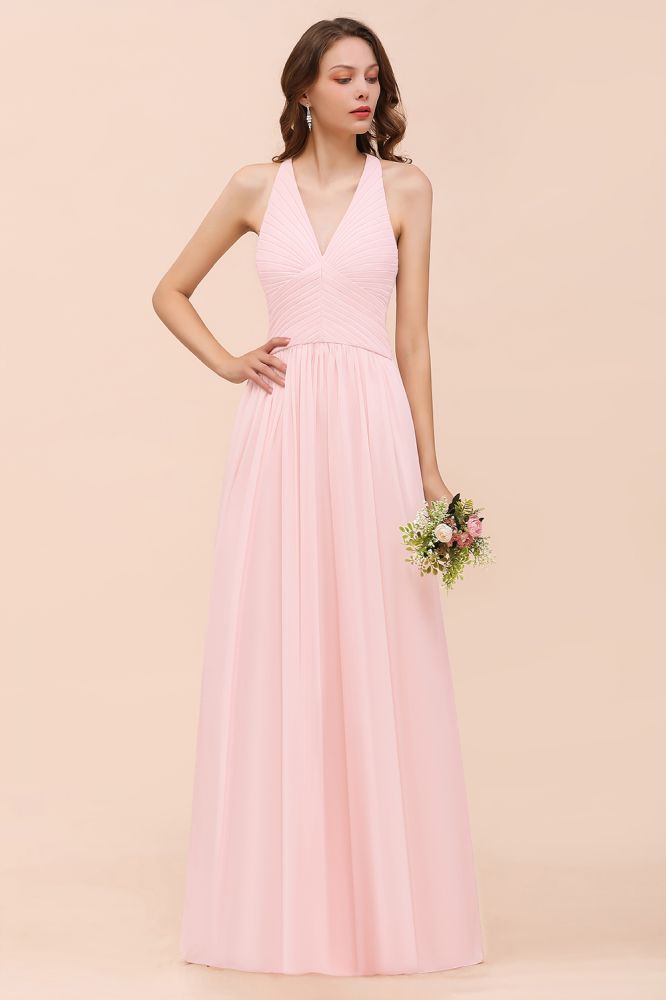 Pink V-Neck Simple Bridesmaid Dress Aline Chiffon Wedding Guest Dress