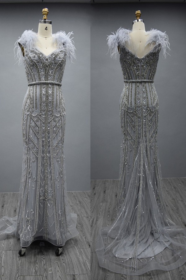 Champange Beaded Feathers neckline Sheath Prom Dress