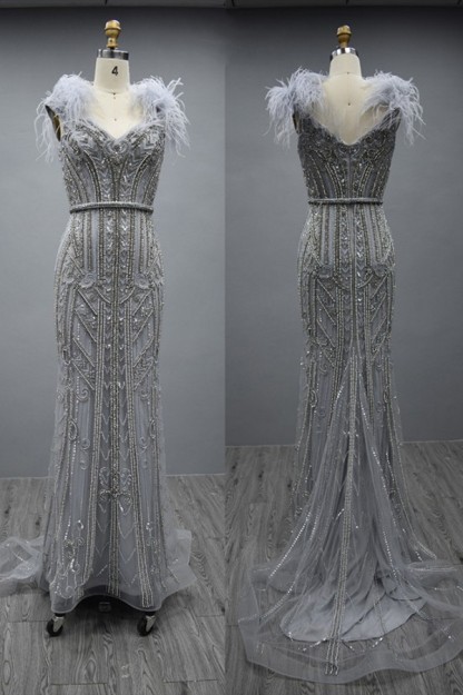 Champange Beaded Feathers neckline Sheath Prom Dress