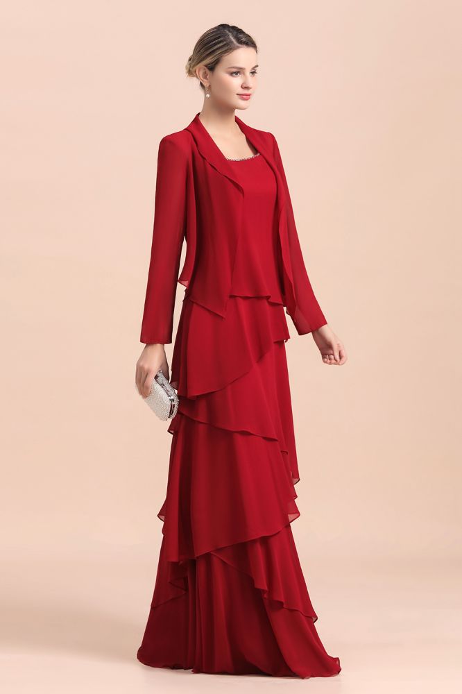 Ruby Chiffon Two-pieces Ruffles Long sleeves Mother of the Bride Dress