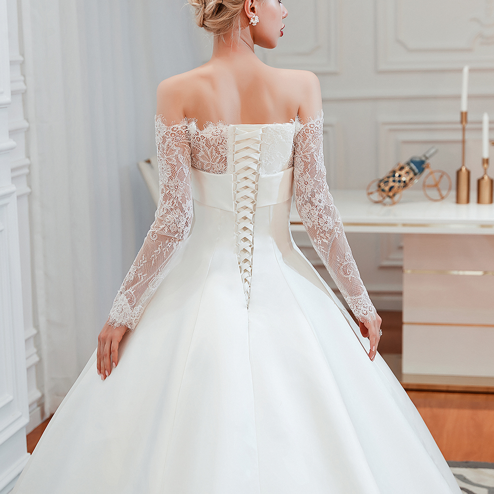 Romantic Lace Long Sleeves Princess Satin Wedding Dress | Princess Bridal Gowns with Cathedral Train