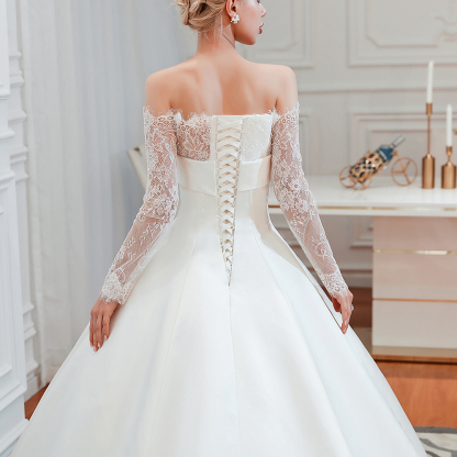 Romantic Lace Long Sleeves Princess Satin Wedding Dress | Princess Bridal Gowns with Cathedral Train