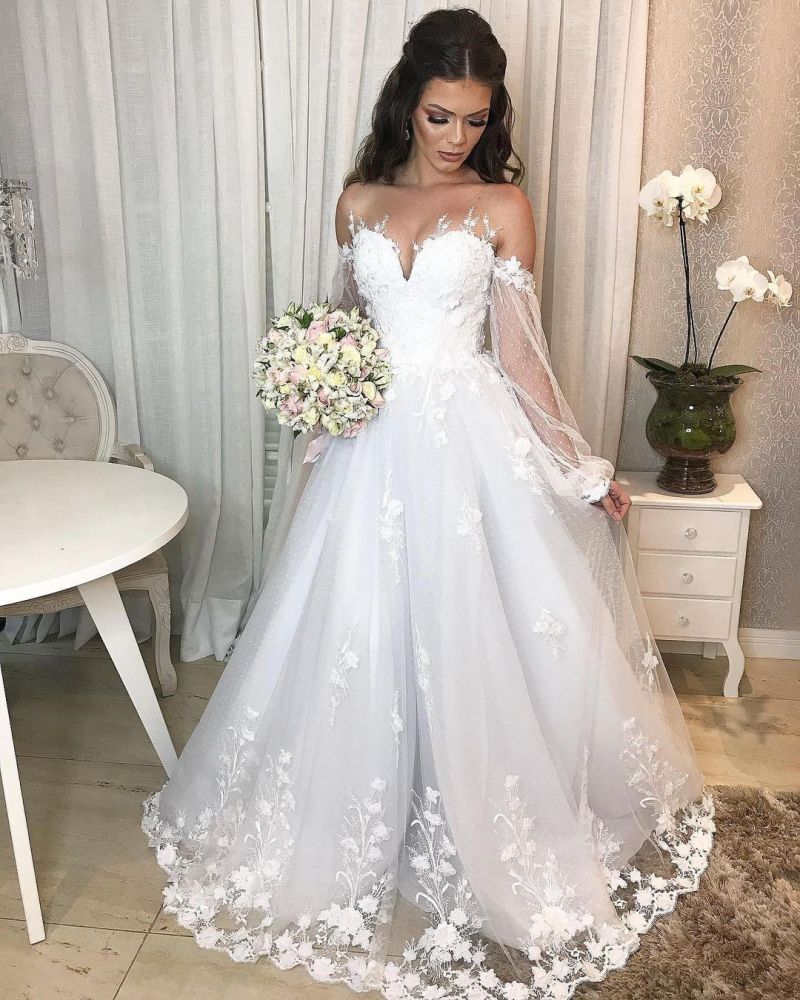 Elegant Off Shoulder Bubble Sleeves Aline Tulle Lace Wedding Dress for Women