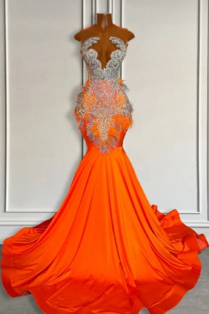Orange Mermaid Fully Covered Beaded Court Train Prom Dress