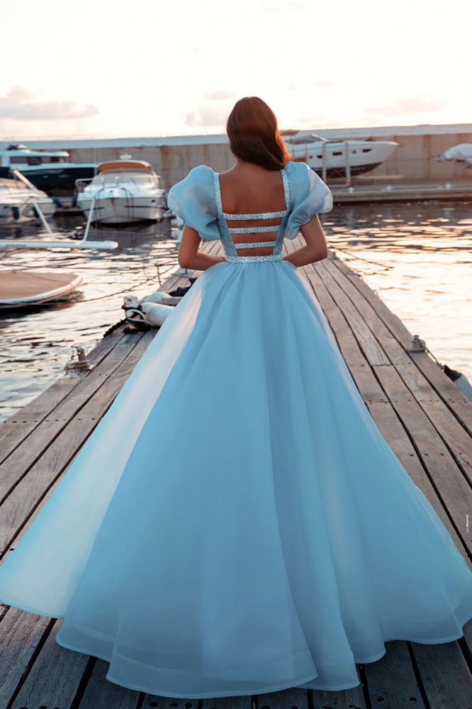 Bright Blue Puffy Sleeve Mermaid Prom Dress with Detachable Train