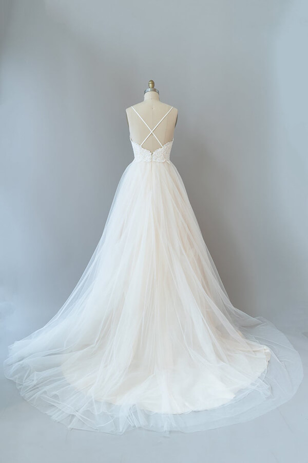 V-neck White A-line Satin Garden Bridal Gowns