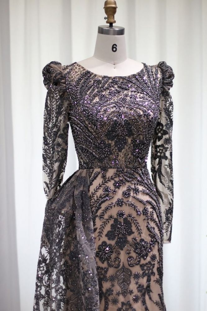 Luxury Scoop Puffy Sleeves Mermaid Evening Gown Sparkly Beading Floral Appliques Formal Dress with Sweep Train-Babyonlinewholesale