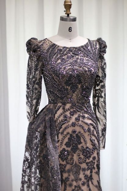 Luxury Scoop Puffy Sleeves Mermaid Evening Gown Sparkly Beading Floral Appliques Formal Dress with Sweep Train-Babyonlinewholesale