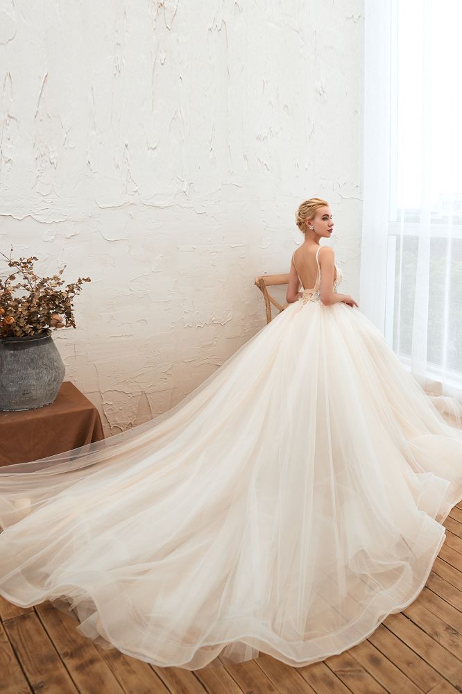 Boho Spaghetti Straps Ivory Ball Gown Wedding Dress | Romantic Bridal Gowns for Sale