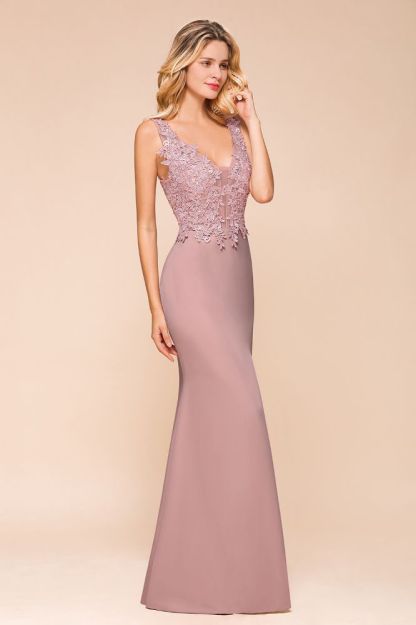 Dusty Pink V-neck Satin Lace Evening Dresses
