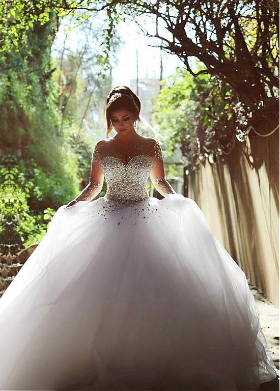 Luxury Crystals Beading Long Sleeves Ball-Gown Wedding Dresses