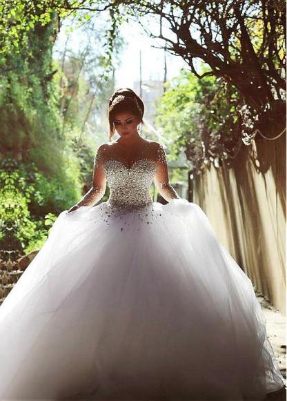 Luxury Crystals Beading Long Sleeves Ball-Gown Wedding Dresses