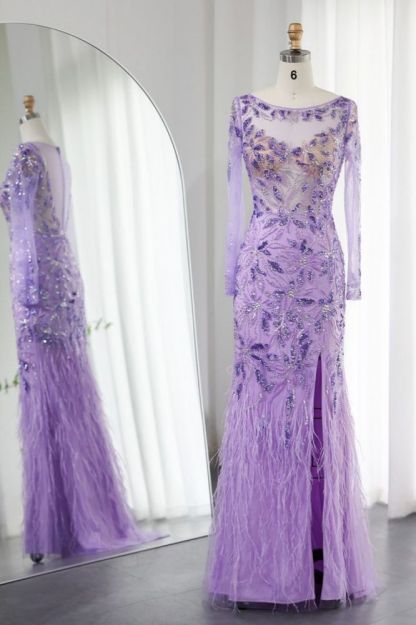 Elegant Scoop Neck Long Sleeves Front Slit Evening Dress Glitter Sequins Flower Fur Floor-Length Wedding Party Dress-Babyonlinewholesale