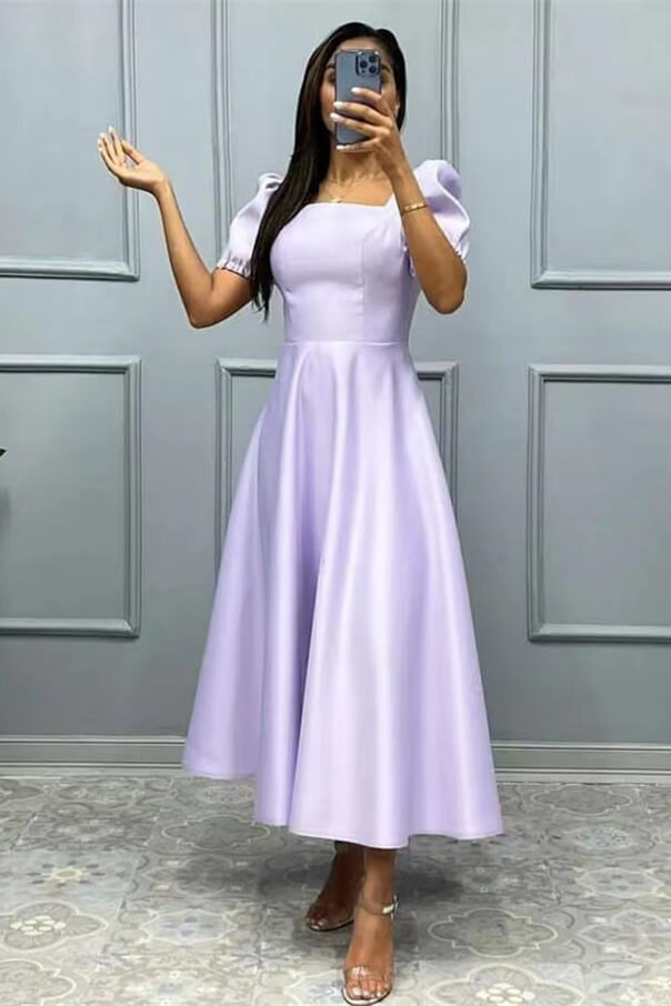 Square neck Half Sleeves Ankle Length Burgundy Prom Dresses