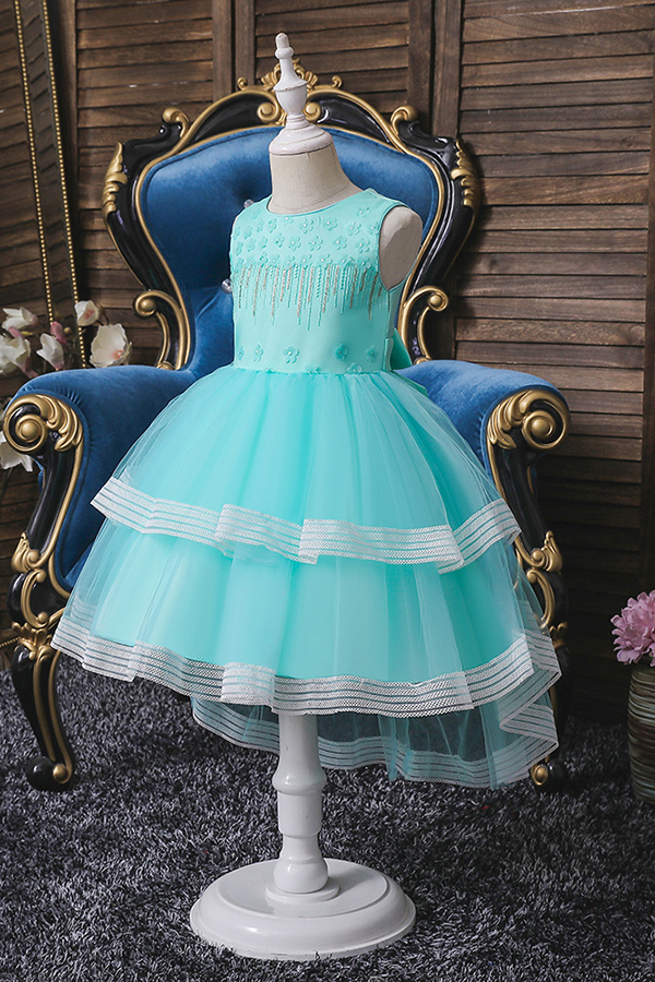 Round neck blue sleeveless ruffles a-line flower girl dress