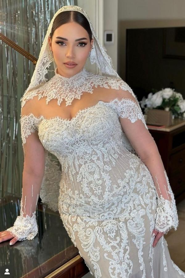 Gorgeous High Neck Sweetheart Mermaid White Lace  Wedding Dress with Appliques