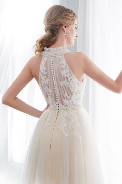 NATALIA | A-line Halter Floor Length Appliqued Tulle Evening Dresses