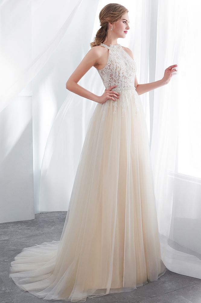 NATALIA | A-line Halter Floor Length Appliqued Tulle Evening Dresses