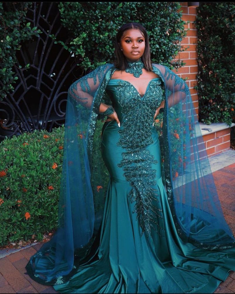 Glamorous Mermaid Evening Gowns Long Sleeve Appliques Floor Length Cape