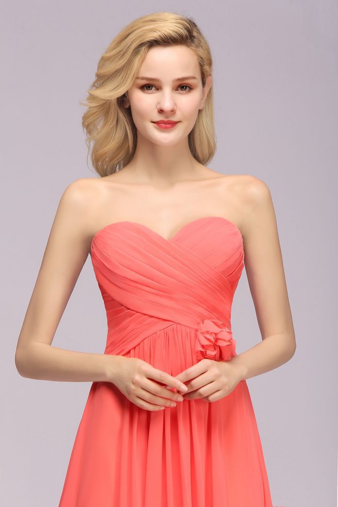 Simple Sweetheart Strapless Flower Watermelon Bridesmaid Dress