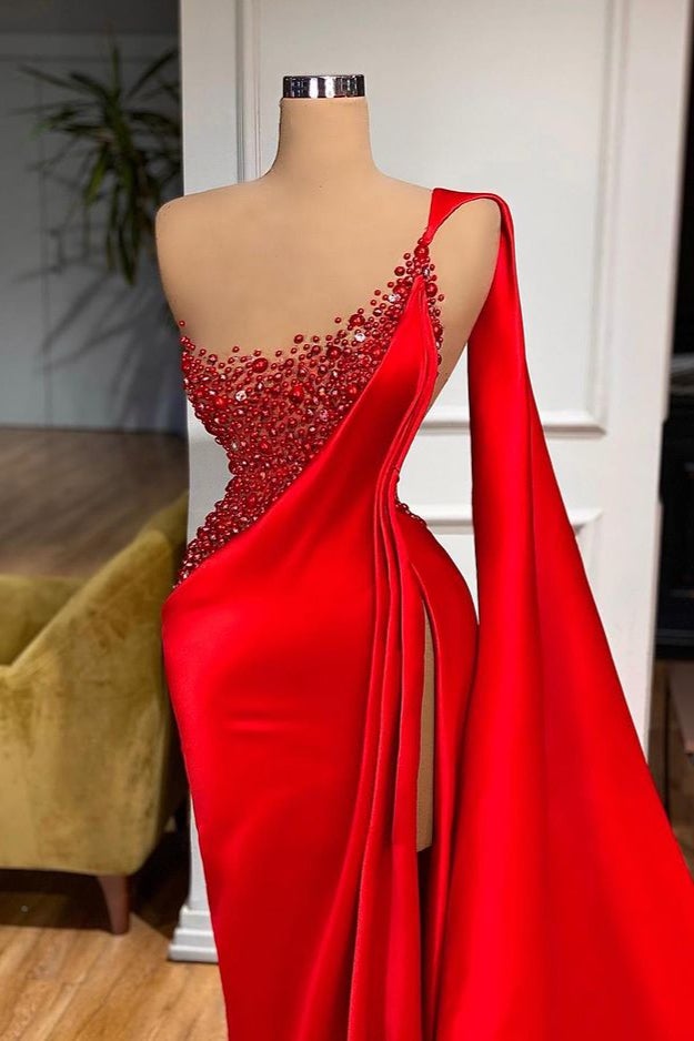 One shoulder Burgundy Beaded Prom Dresses with Cape