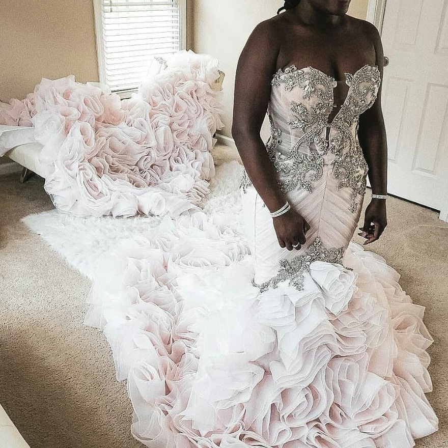 Plus Size Mermaid Crystal Lace Beads Sweetheart Long Train African Custom Made Ruffles Wedding Dresses-Babyonlinewholesale