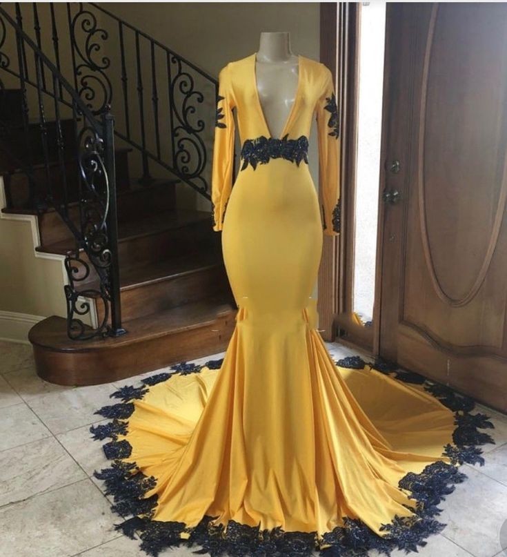 Deep V-neck Long Sleeves Black Appliques Yellow Mermaid Prom Dresses