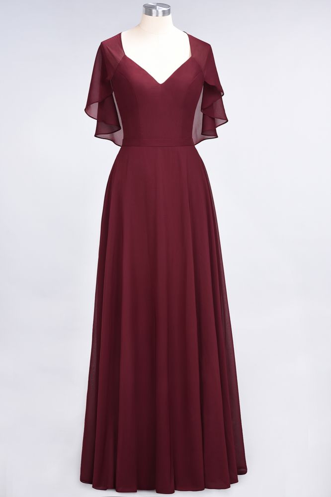 Chiffon Satin A-Line V-Neck short-sleeves Long Bridesmaid Dress