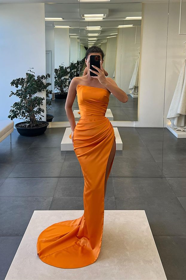 Unique Strapless Mermaid High Split Long Prom Dresses