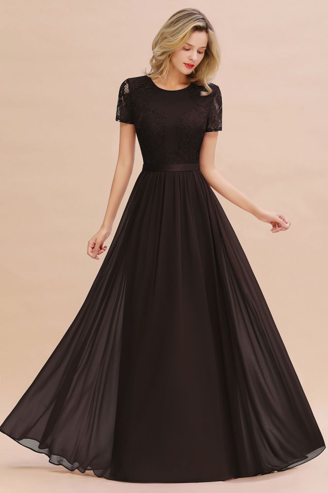Retro Chiffon Lace Scoop Short-Sleeves Online Bridesmaid Dress