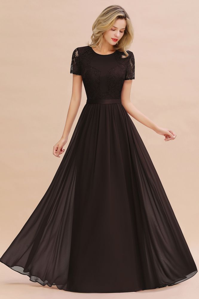 Retro Chiffon Lace Scoop Short-Sleeves Online Bridesmaid Dress