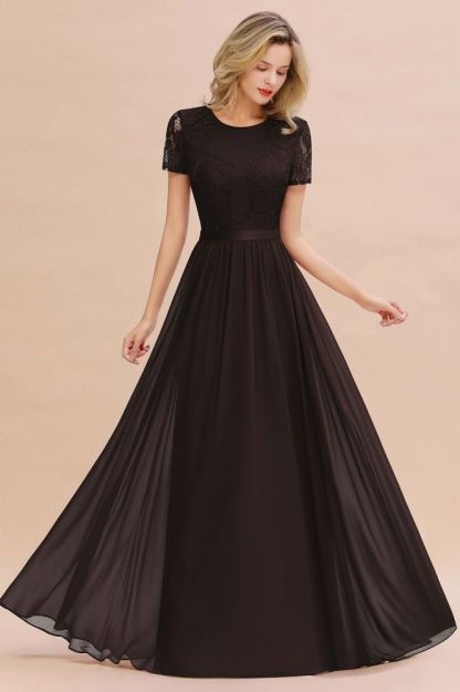 Retro Chiffon Lace Scoop Short-Sleeves Online Bridesmaid Dress