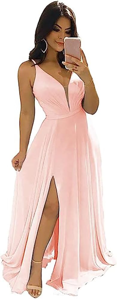 Modest Aline Bridesmaid Dresses V-Neck Slit Chiffon Wedding Guest Dress Sleeveless