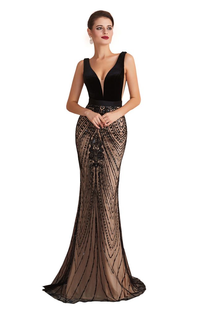Celeste | Sexy Pluging V-neck Black Complicated Style Evening Dress, Timeless Sparkle Sequin Backless Velvet Dress for Prom