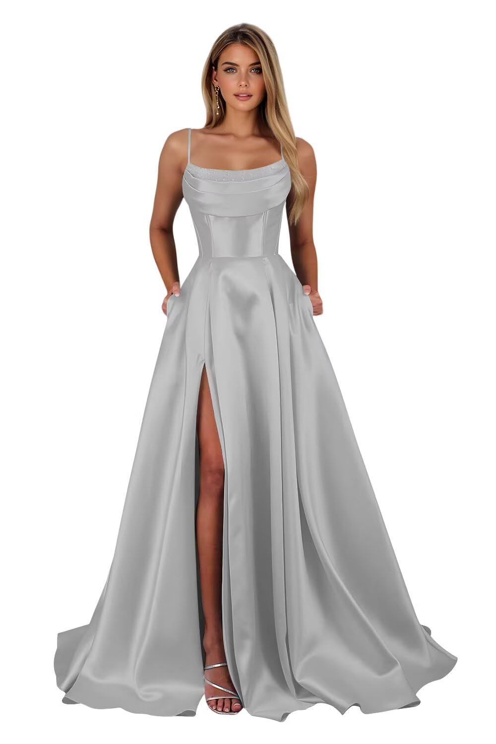 Spaghetti Straps Ruched Satin Prom Dresses Sleeveless Maxi Formal Evening Gown with Slit
