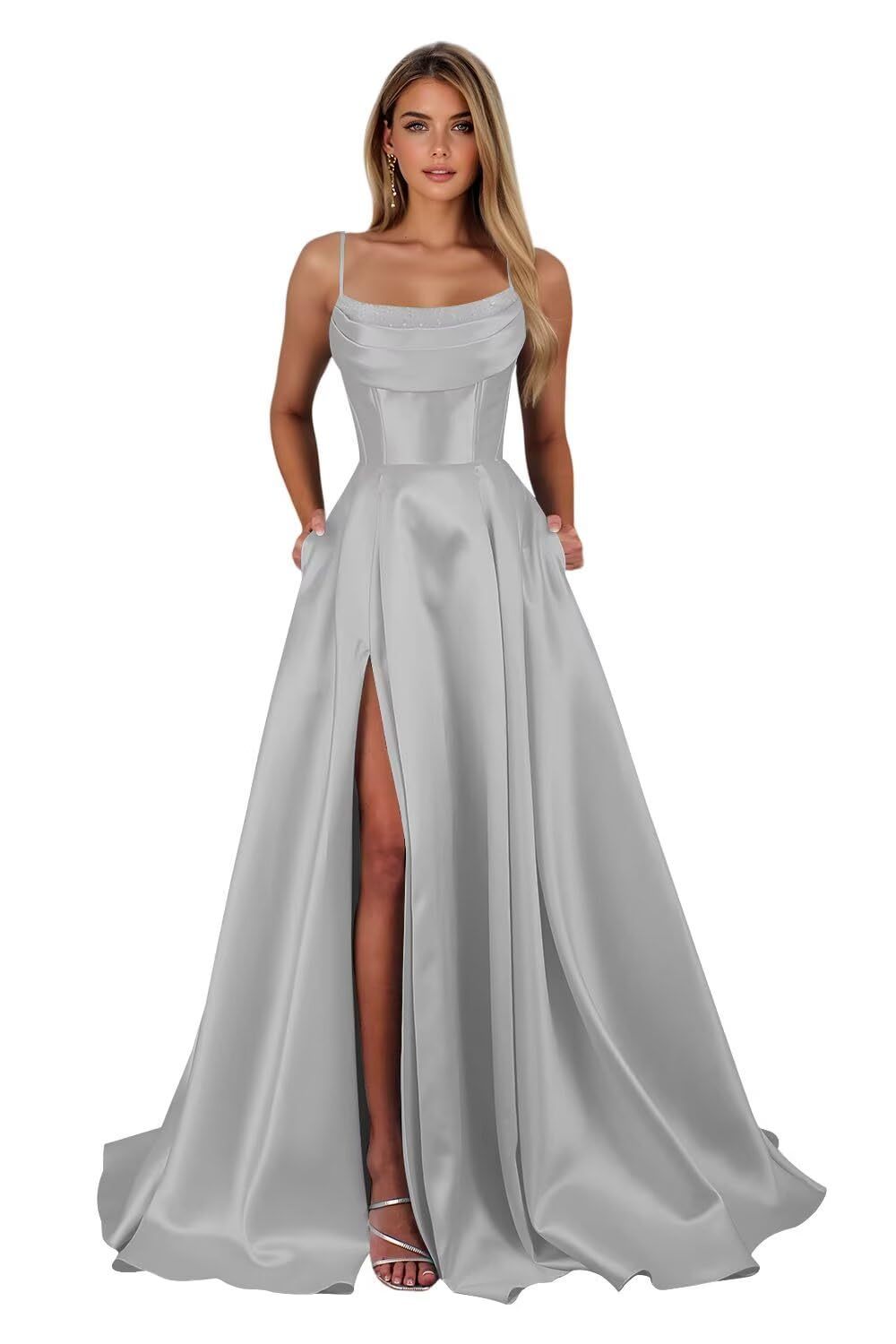 Spaghetti Straps Ruched Satin Prom Dresses Sleeveless Maxi Formal Evening Gown with Slit