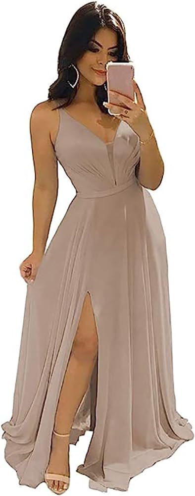 Modest Aline Bridesmaid Dresses V-Neck Slit Chiffon Wedding Guest Dress Sleeveless
